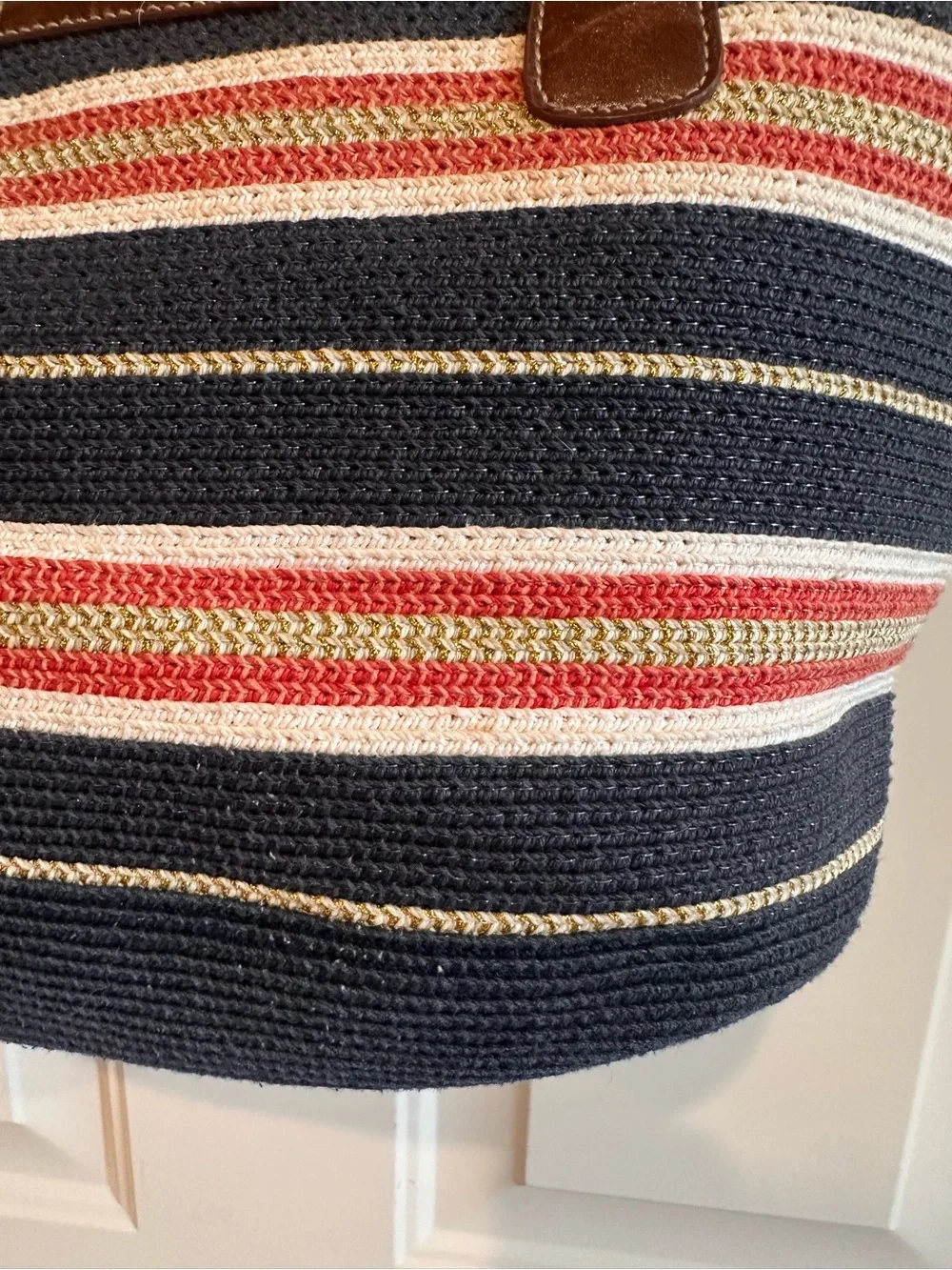 Croft & Barrow Striped Navy and Red Tote Bag with Brown Trim Turn Lock Closure